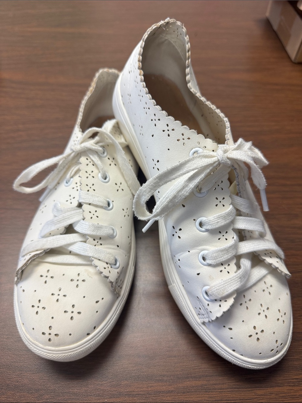 LOFT White Perforated Scalloped Lace-Up Sneakers